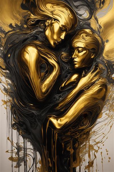 تصویر عاشقانه مجسمه‌های طلایی در مایع سیاه برای پوستر دیواری