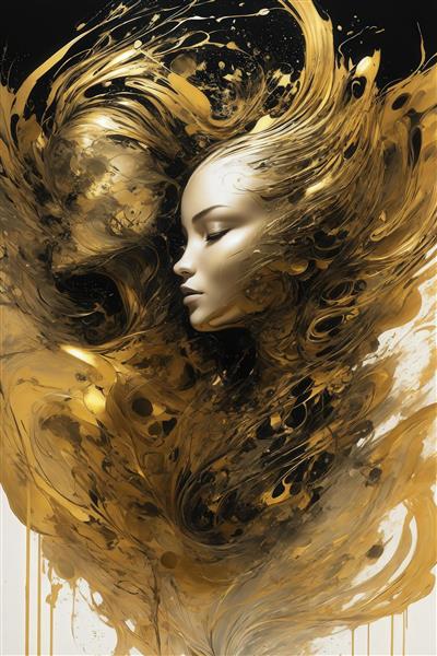 عکس زن با چهره آرام در میان مایع طلایی برای تابلو اتاق