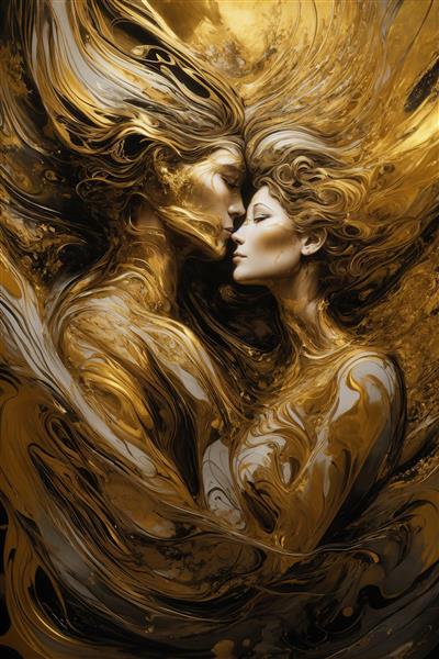 تصویر چهره‌های عاشقانه غرق در طلای مایع برای چاپ پوستر دیواری