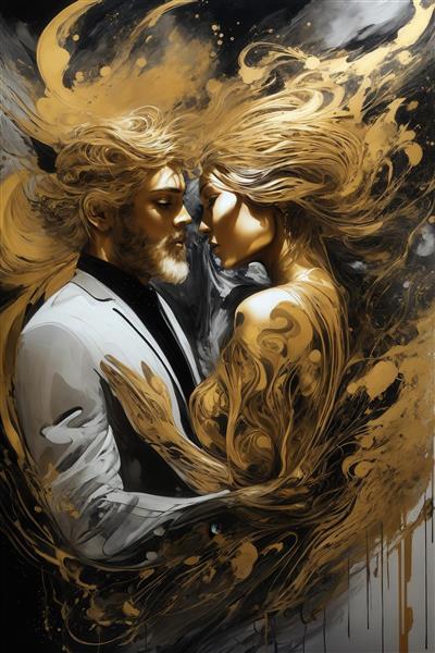 عکس مرد کت‌شلوارپوش و زن طلایی برای تابلو دکوراتیو لوکس