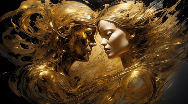 طرح پرتره زوج عاشق با چهره‌های طلایی و روان برای پوستر دکوراتیو