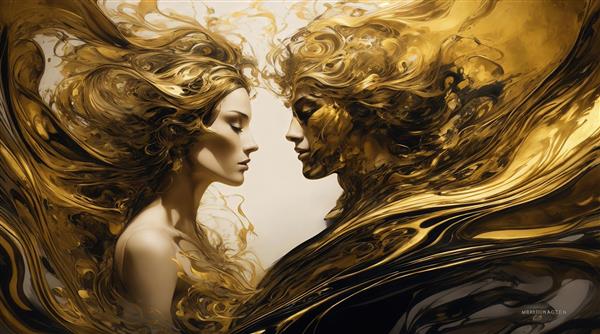 طرح دکوراتیو زوج عاشق رو به هم به سبک مجسمه طلایی با کیفیت