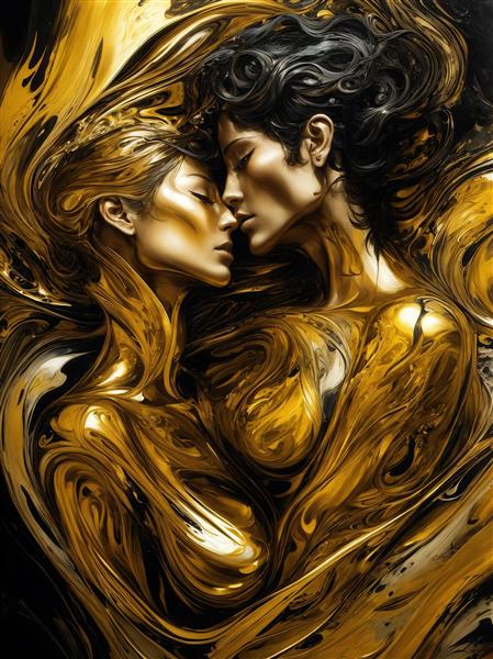 تصویر آبستره زن و مرد عاشق در آغوش با تم طلایی تیره برای روتختی