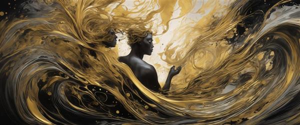 طرح دکوراتیو پانوراما آبستره دو زن با گرداب طلایی برای چاپ روی پرده