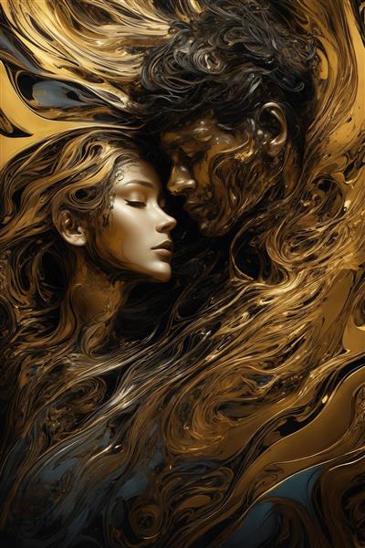عکس عشق طلایی زن و مرد با موهای روان برای تابلو دکوراتیو اتاق خواب