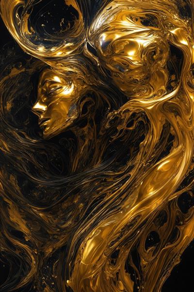 طرح کلوزآپ زن و مرد طلایی مایع در هم تنیده با پس‌زمینه مشکی