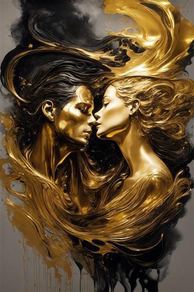 تصویر زوج طلایی رمانتیک با مایع و موهای در حال جریان روی پس‌زمینه خاکستری