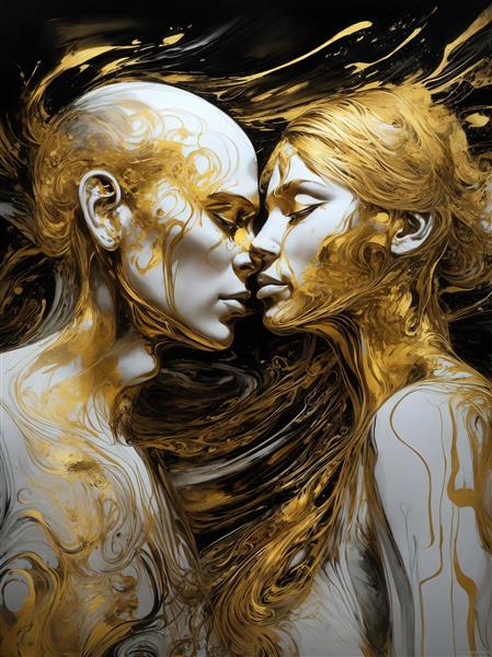 تصویر زوج عاشق سفید و طلایی مایع برای پوستر دیواری با تم رمانتیک