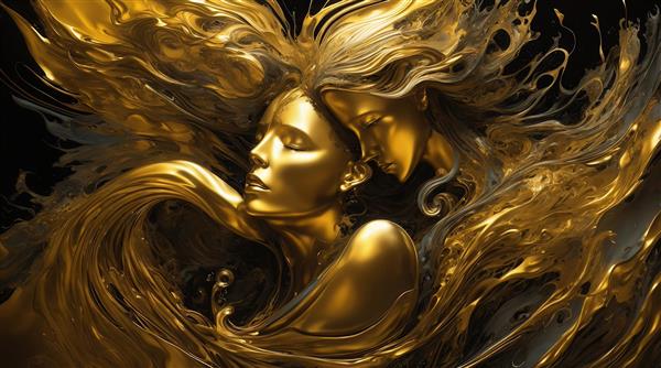 عکس دو زن طلایی مایع در آغوش با موهای موج‌دار برای تابلو هنری