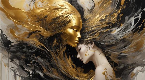 طرح کلوزآپ چهره دو زن با موهای روان طلایی و سفید مایع