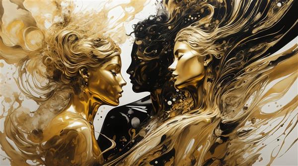 طرح سه مجسمه زن و مرد طلایی و سیاه با موهای پر از حرکت برای دکوراسیون