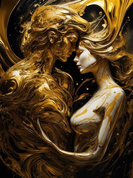 عکس زوج عاشق طلایی و سفید مایع با قطرات درخشان برای تابلو