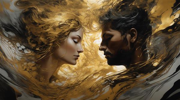 تصویر رمانتیک زن طلایی و مرد تیره با موهای موج‌دار طلایی