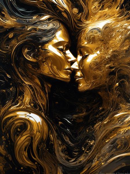 عکس رمانتیک دو زن تمام طلایی مایع با موهای بلند برای تابلو