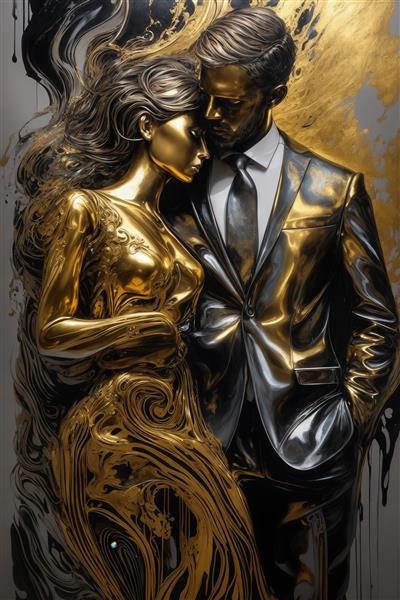 طرح دکوراتیو مرد رسمی سیاه و طلایی و زن طلایی مایع برای پوستر