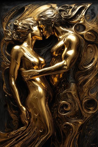 طرح زوج طلایی مایع در آغوش با حس رمانتیک برای تابلو اتاق خواب