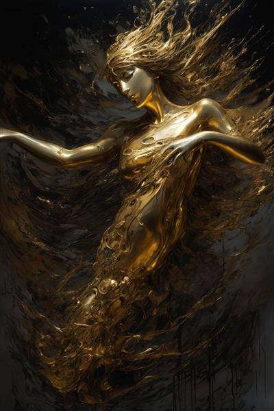 عکس زن طلایی مجسمه‌وار با موهای روان در پس‌زمینه تیره برای چاپ