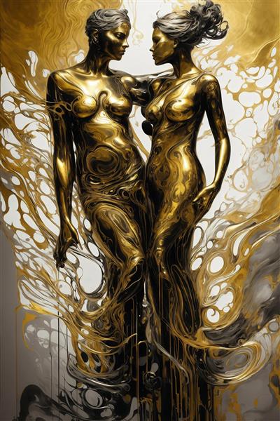 طرح دو زن مجسمه مایع طلایی سیاه و سفید برای تابلو لوکس پذیرایی