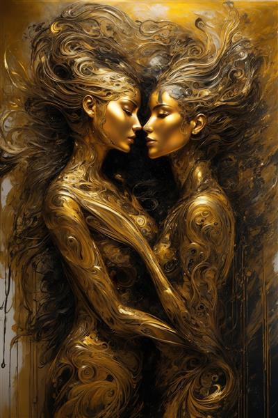 تصویر دو زن طلایی با موهای بلند و موج‌دار برای پرده دکوراتیو