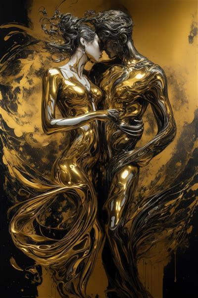 عکس زوج عاشق در جریان مایع طلایی و مشکی برای چاپ روی روتختی