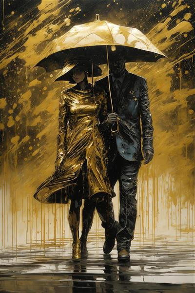 طرح زوج زیر چتر با قطرات طلایی باران برای پرده دکوراتیو