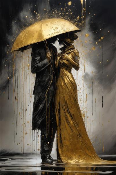 تصویر عاشقانه زوج زیر چتر طلایی برای تابلو لوکس اتاق خواب