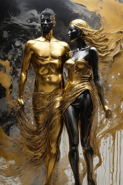 طرح زوج رمانتیک طلایی و سیاه با لباس‌های روان برای چاپ روی بوم نقاشی
