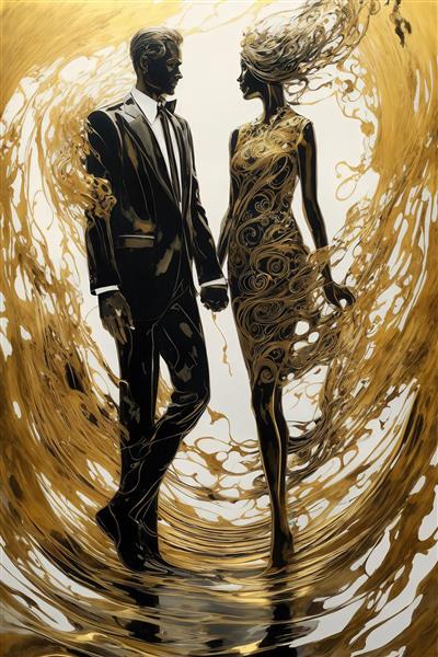تصویر زن و مرد رسمی با لباس‌های مایع طلایی سیاه برای تابلو دکوراتیو