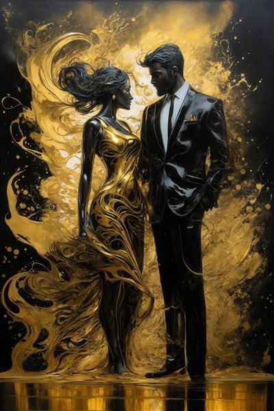 عکس زوج مجسمه سیاه و طلایی با لباس رسمی برای پوستر دیواری مدرن