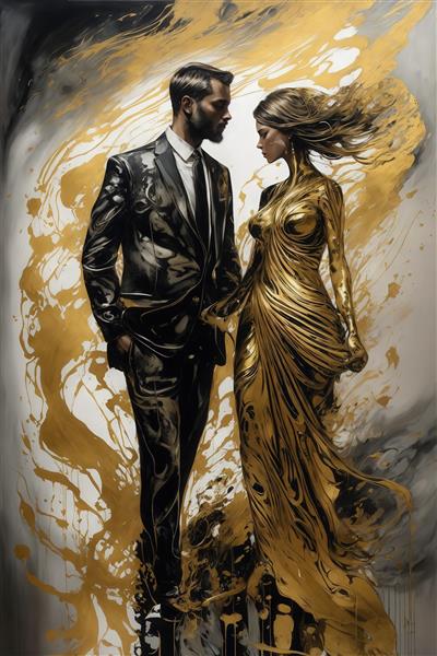 طرح دکوراتیو مرد کت‌وشلواری و زن طلایی مایع برای تابلو لوکس