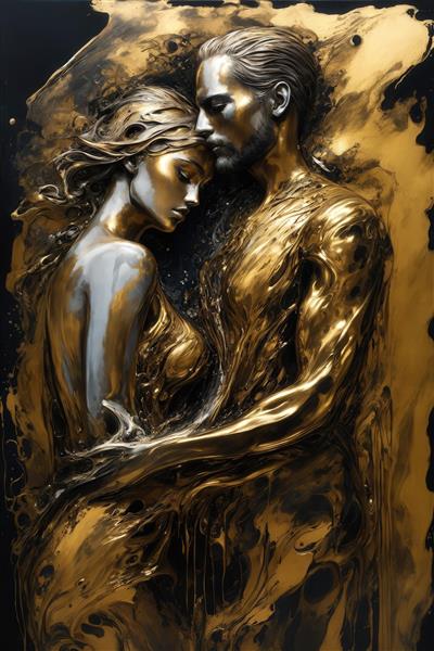 طرح رمانتیک زوج مجسمه مایع طلایی نقره‌ای برای پوستر دیواری مدرن