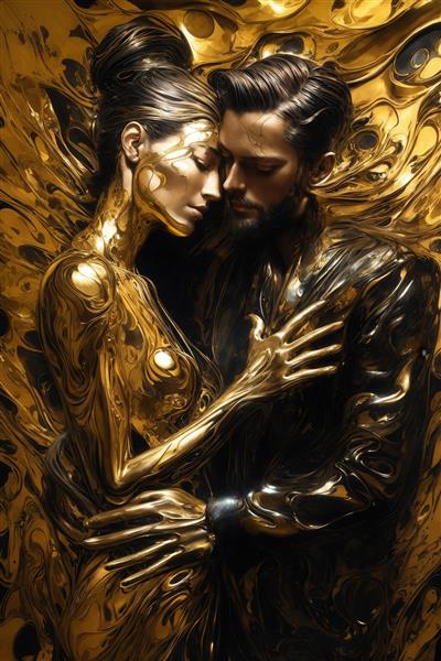 عکس زوج عاشق مایع طلایی مشکی برای تابلو دکوراتیو لوکس