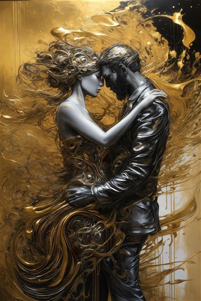 تصویر زوج با لباس رسمی مایع طلایی سیاه برای پوستر دیواری لوکس