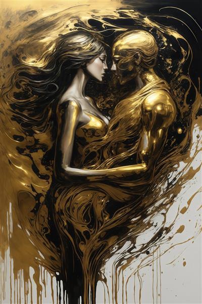 طرح دکوراتیو مجسمه مایع طلایی مشکی برای تابلو هنری دیواری