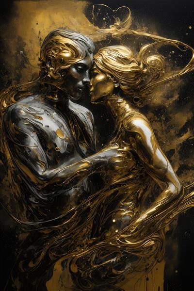 تصویر زوج رمانتیک مایع طلایی و نقره‌ای برای چاپ پرده یا کوسن لوکس