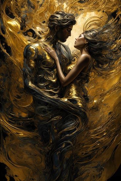 عکس زوج عاشق دکوراتیو مایع طلایی مشکی برای چاپ روی بوم نقاشی