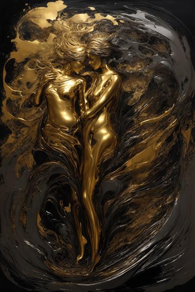 طرح دکوراتیو انتزاعی دو زن مایع طلایی برای تابلو لوکس پذیرایی