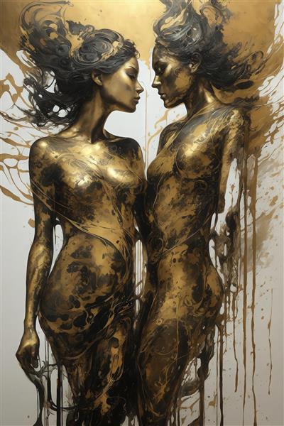 طرح دو زن مجسمه‌ای طلایی با موهای روان در زمینه روشن و پاشش‌های طلایی