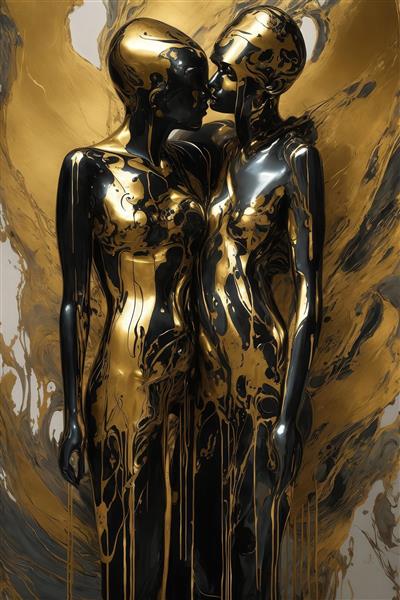تصویر دو زن مجسمه‌ای سیاه و طلایی در آغوش با مایع‌های روان