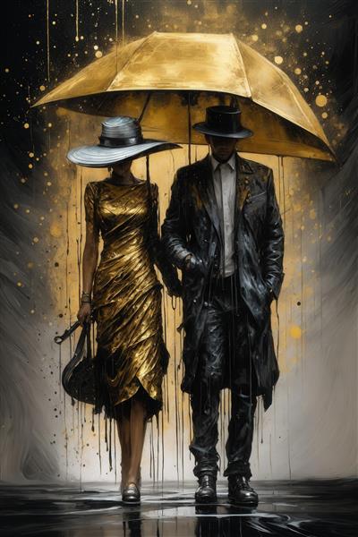 عکس زوج با لباس رسمی و چتر طلایی در حال راه رفتن زیر باران آبستره