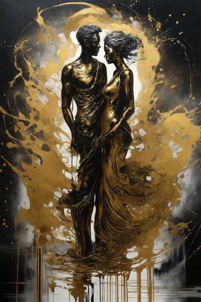 طرح زوج مجسمه‌ای در آغوش با پاشش‌های طلایی دایره‌ای در زمینه سیاه و سفید