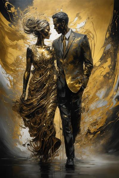 تصویر زوج در حال قدم زدن با لباس‌های آبستره طلایی و سیاه در زمینه دراماتیک