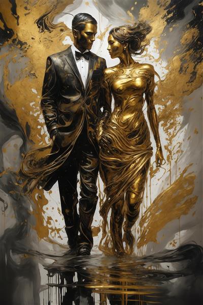 عکس زوج در حال قدم زدن با لباس رسمی و زن طلایی در زمینه آبستره سفید و طلایی