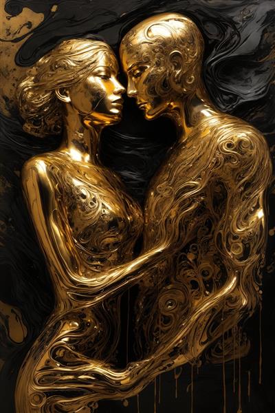طرح مجسمه‌ای کلوزآپ زوج طلایی در آغوش با پاشش‌های رنگی تیره