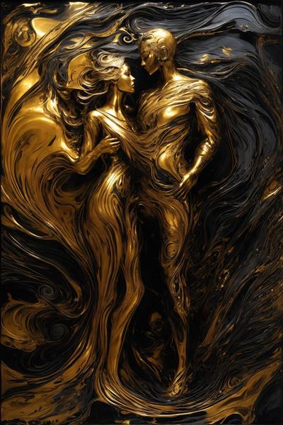 تصویر زوج با بدن‌های روان طلایی و سیاه در یک قاب انتزاعی عمودی