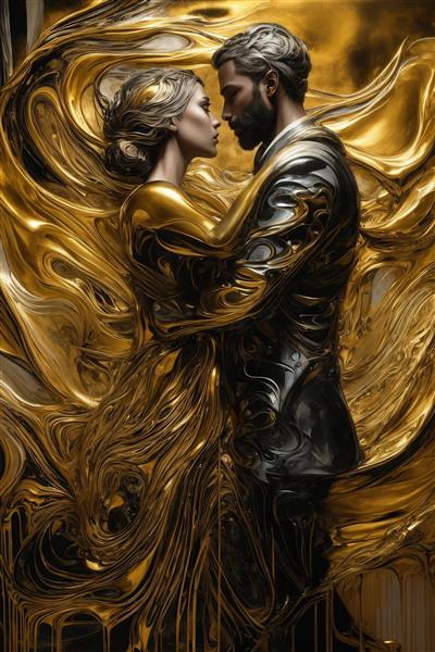 طرح زوج با لباس‌های روان طلایی و سیاه در آغوش، با حس لوکس و آبستره