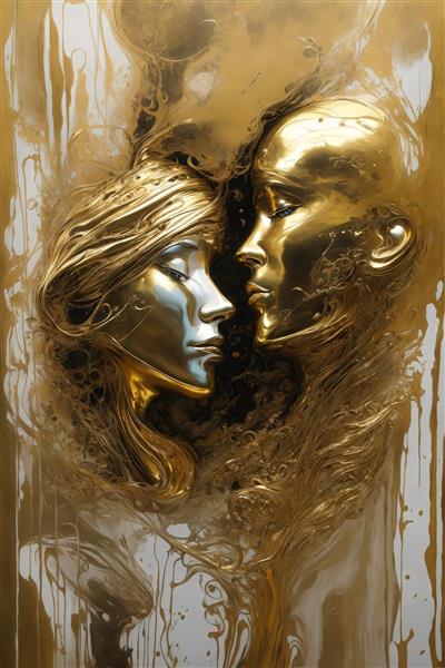 عکس کلوزآپ چهره‌های طلایی زن و مرد در کنار هم با زمینه انتزاعی طلایی