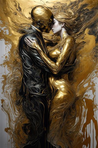 تصویر زوج در آغوش با لباس‌های آبستره طلایی و سیاه در میان پاشش‌های رنگ