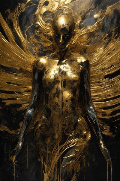 طرح تک‌نفره زن طلایی با هاله‌ای از موهای روان طلایی در پس‌زمینه تیره