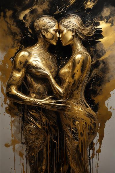 عکس زوج طلایی مجسمه‌ای در آغوش با حس حرکتی و جریان رنگ